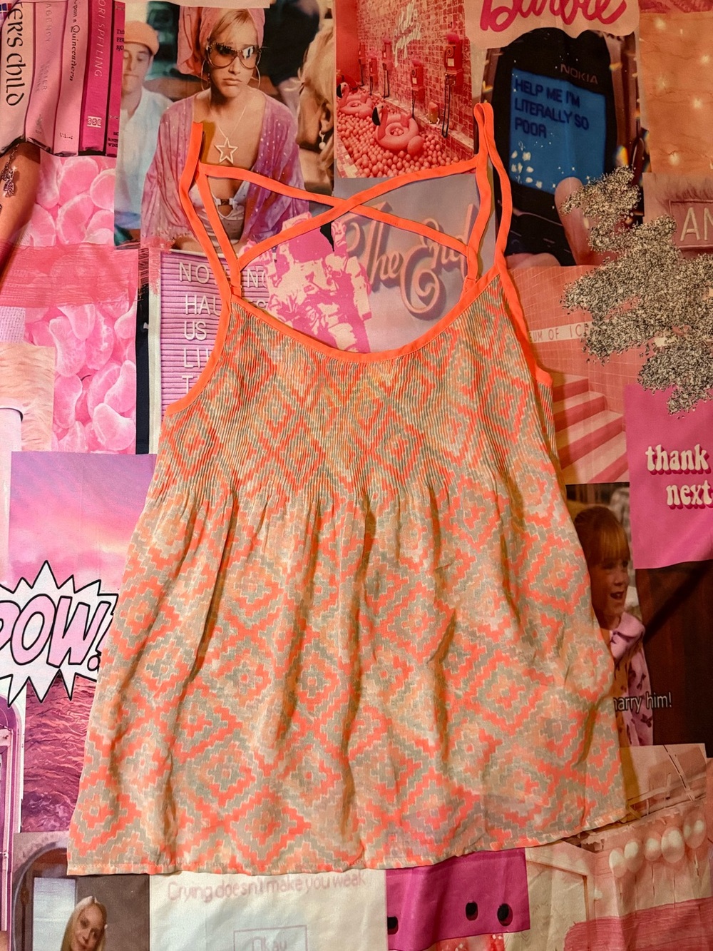 Neon Orange & Beige Geometric Strappy Babydoll Top - Princess Vera Wang
